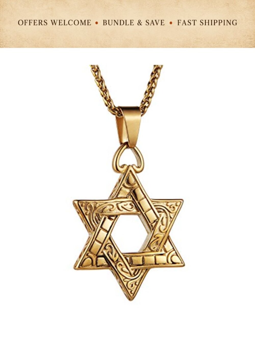 HZMAN Star of David Pendant Necklace Stainless Steel 22in Chain Religious